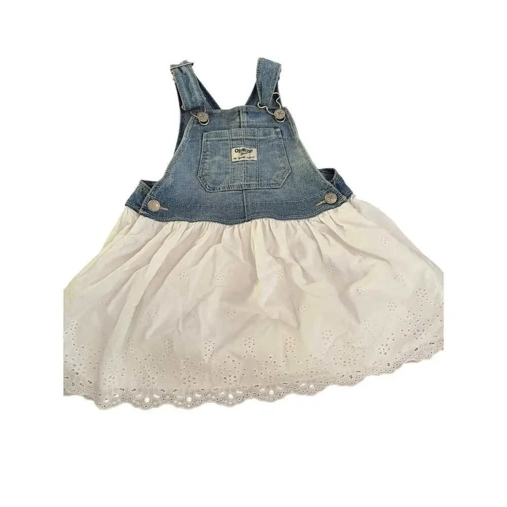 Oshkosh B'gosh Denim Eyelet Jumper Dress Adjustable Straps Blue White Size 3T